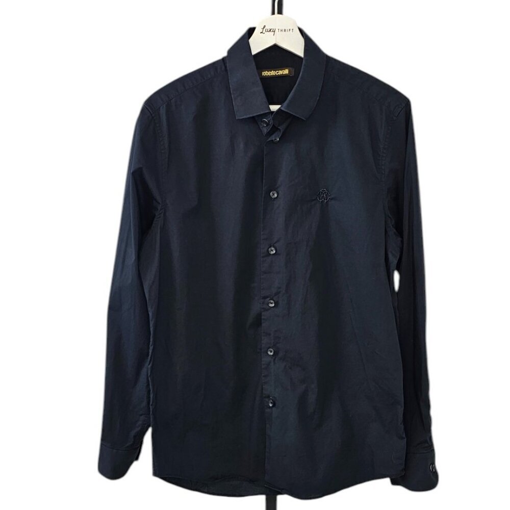 Roberto Cavalli Mens Long Sleeve Button Up Shirt, Black, Cotton Stretch, Size M